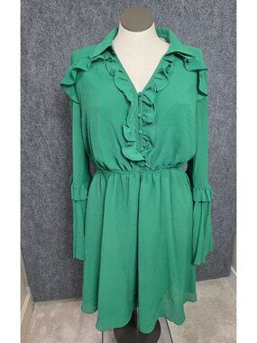 Oddi Womens Green Ruffled Long Sleeve Mini Dress 1XL Polyester